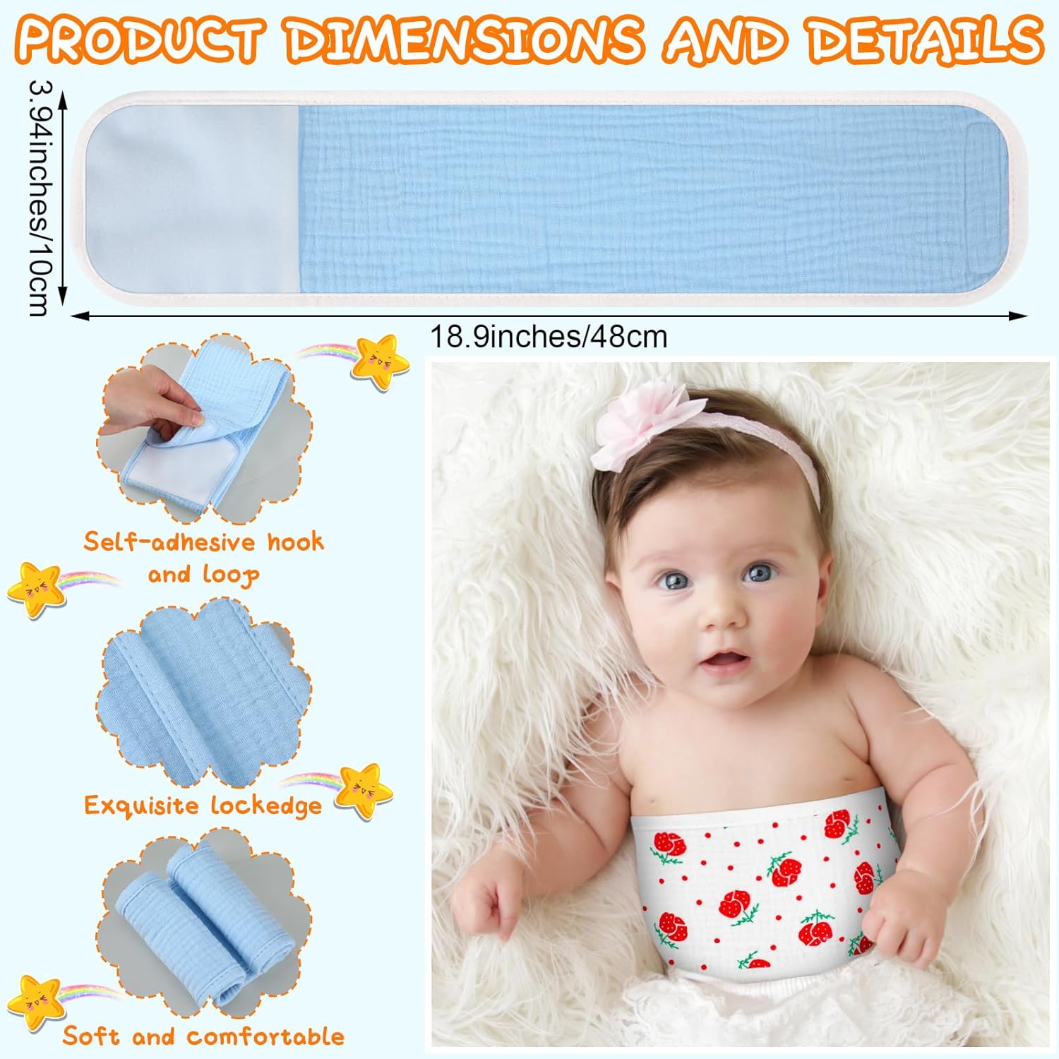Vabean 8 Pcs Baby Infant Umbilical Cord Comfort Cotton Belly Band with 4 Colors and 4 Prints, Adjustable Muslin Baby Umbilical Belt for Protection Abdomen Baby Infant Newborn Gifts 0 To12 Months - Image 2